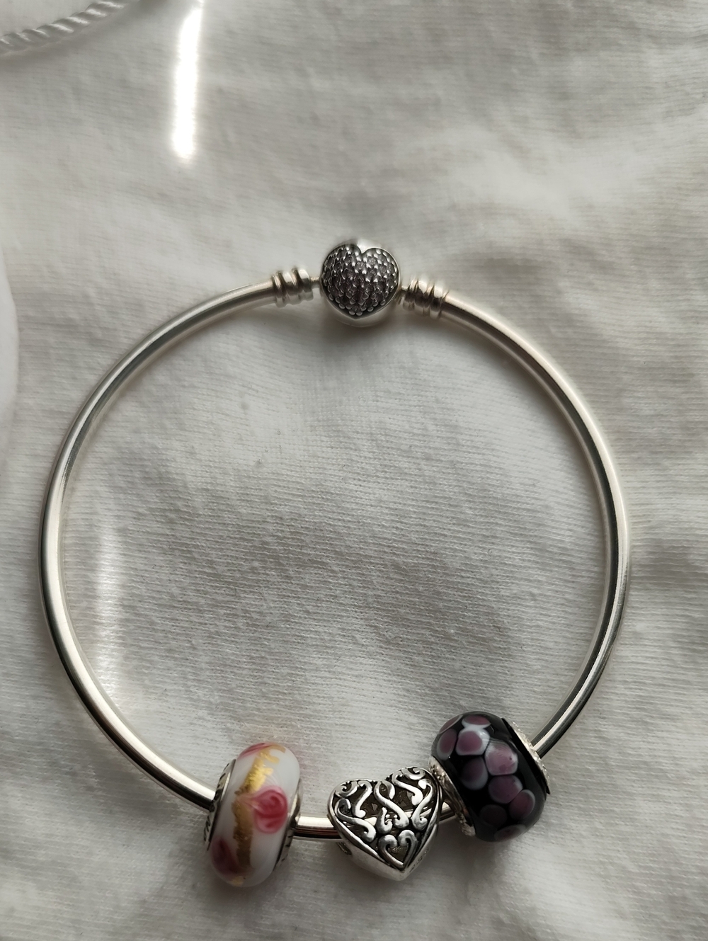 Pandora Silver Bracelet with Pink Floral and Purple Murano Charms
